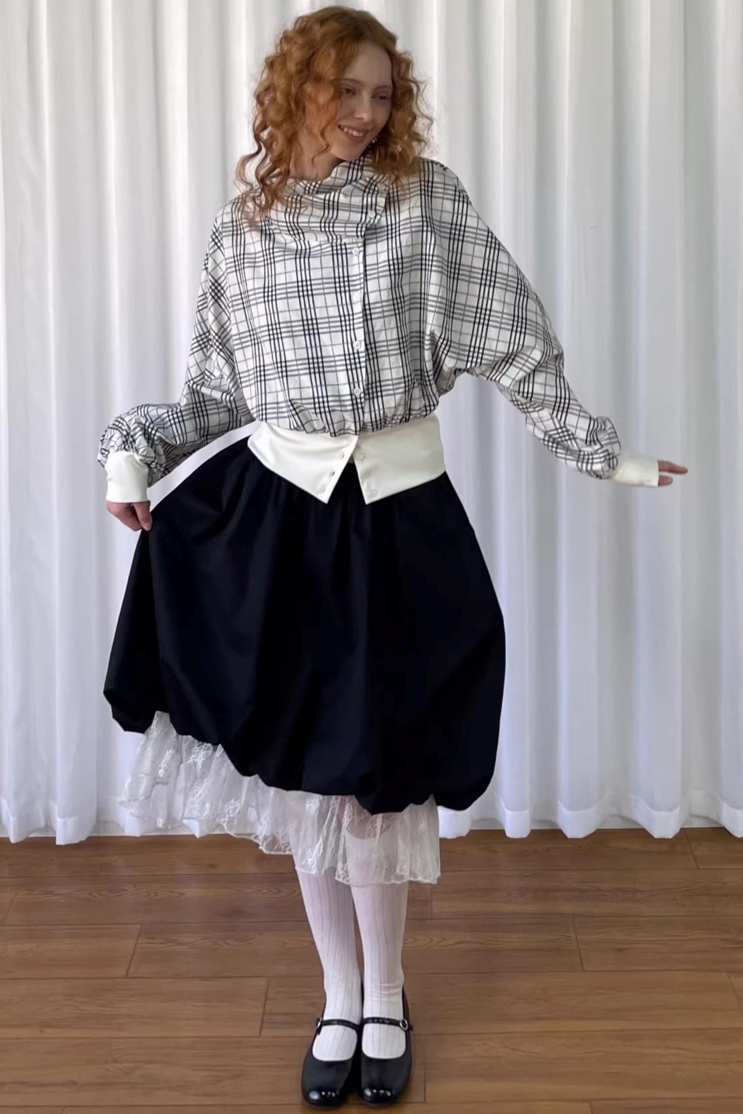 Checkered Pleated Collar Shirt
