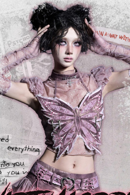 Butterfly Sequins Denim A-Line Skirt