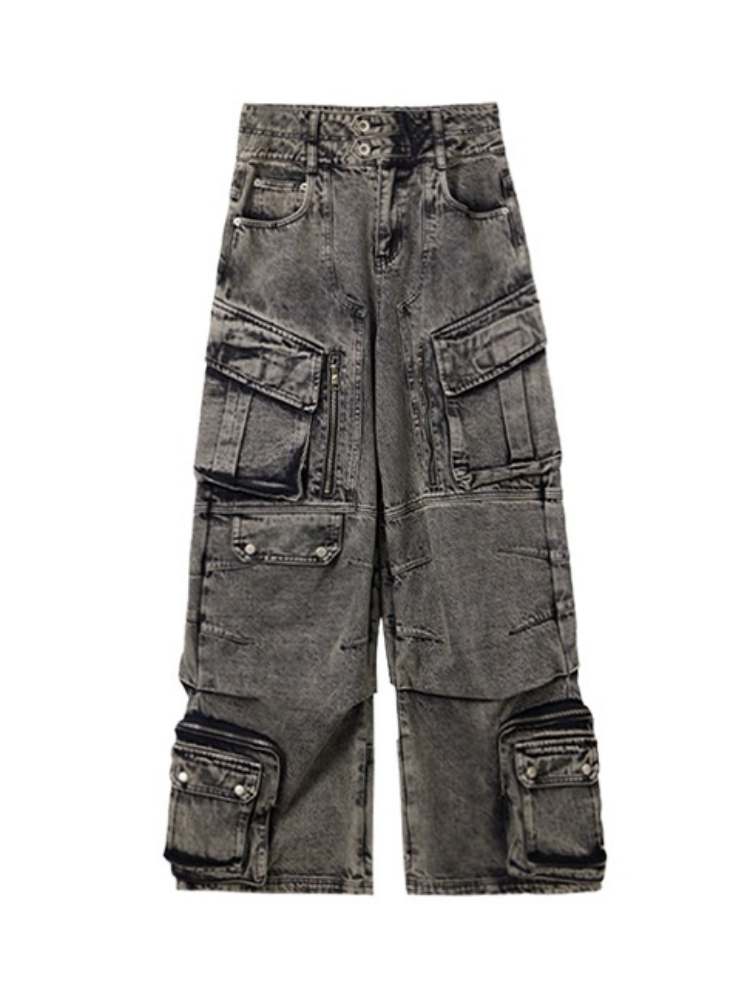 Multi Pocket Retro Wide Leg Denim Pants