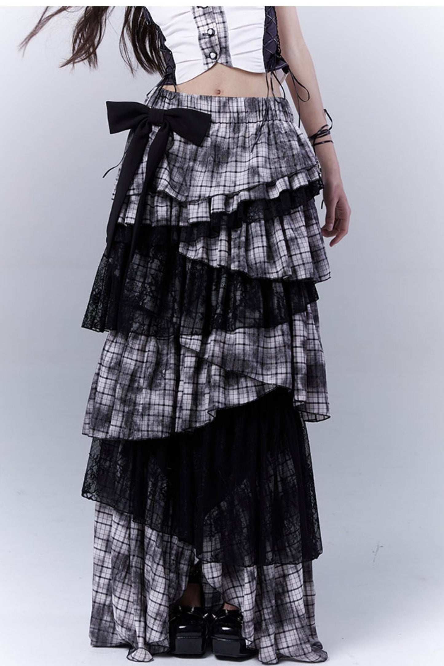 Wilderness Lace-Trimmed Plaid Bustier Skirt