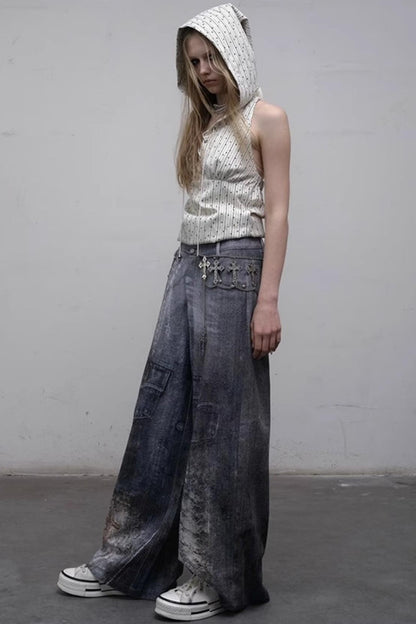 Printed Blue Wide-Leg Denim Pants