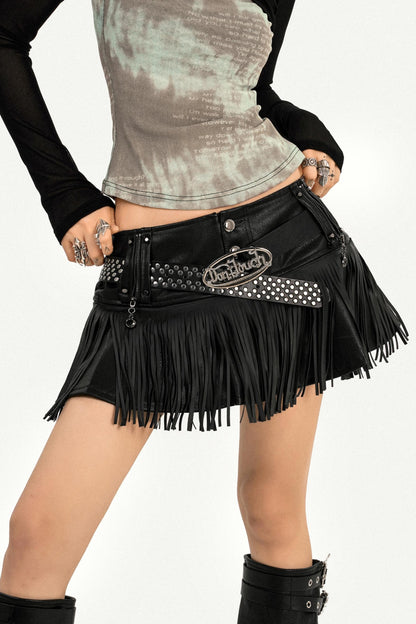 Hot Girl Fringed Leather Skirt