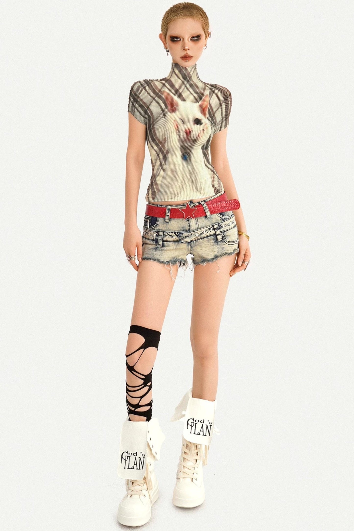 Cat Print Pleated Top