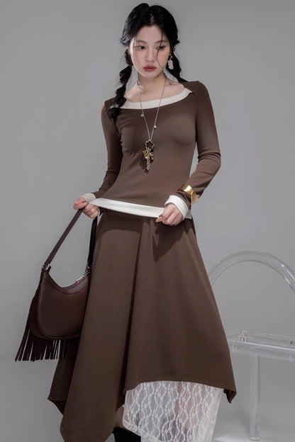 Collar Contrasting Knitted Top & Skirt Set