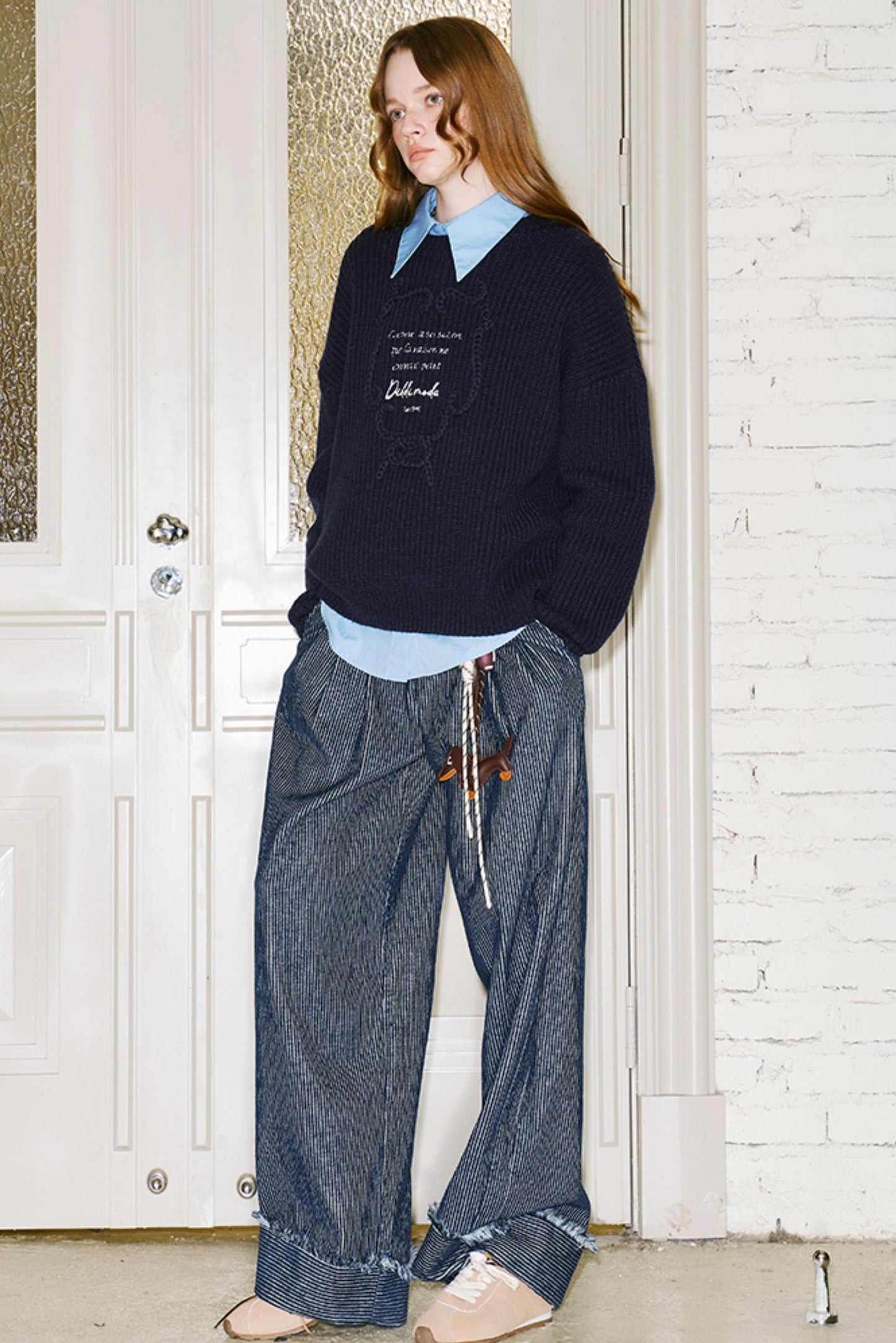 Ribbon Embroidery Crew Neck Top