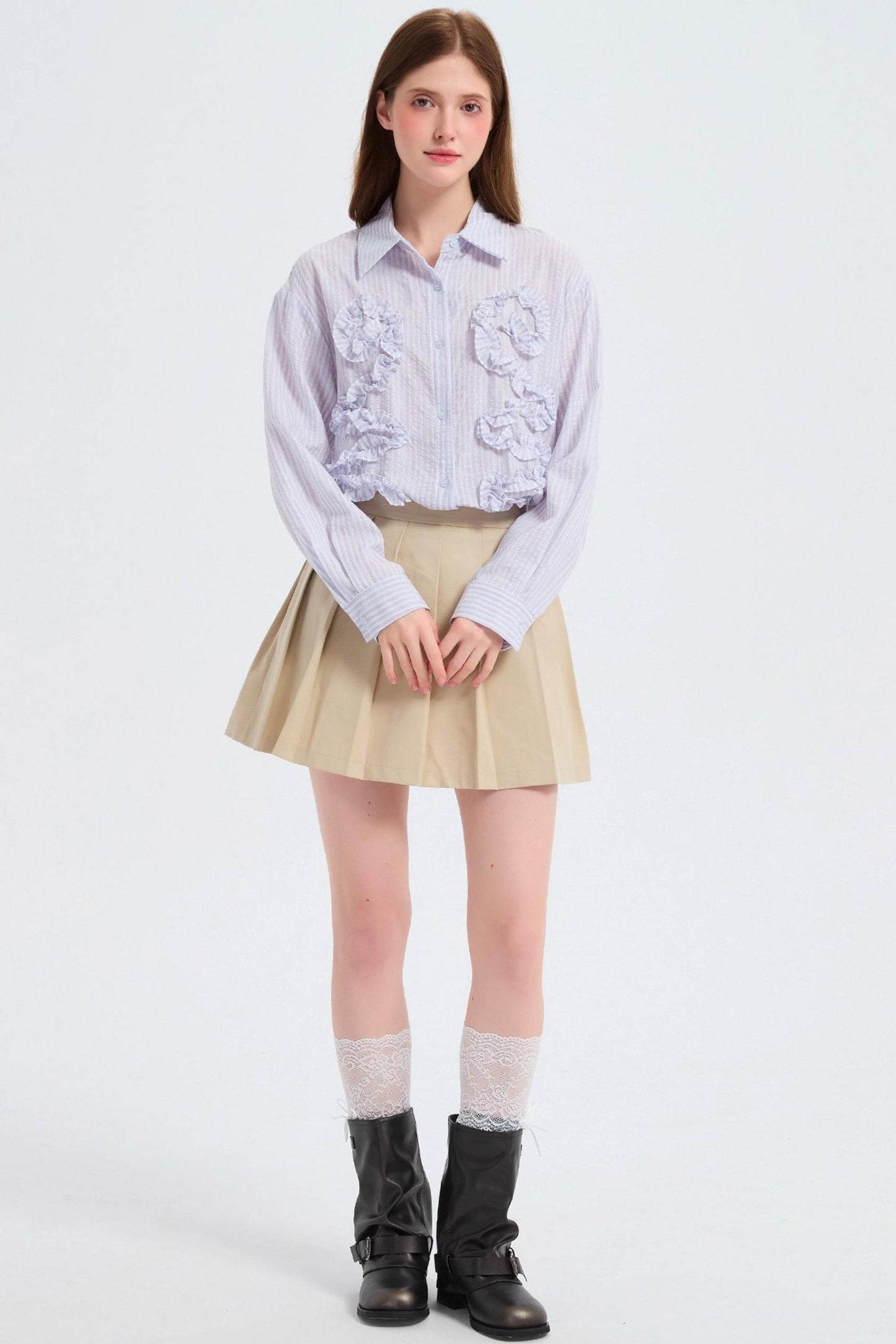 Autumn Floral Striped Ruffle Shirt