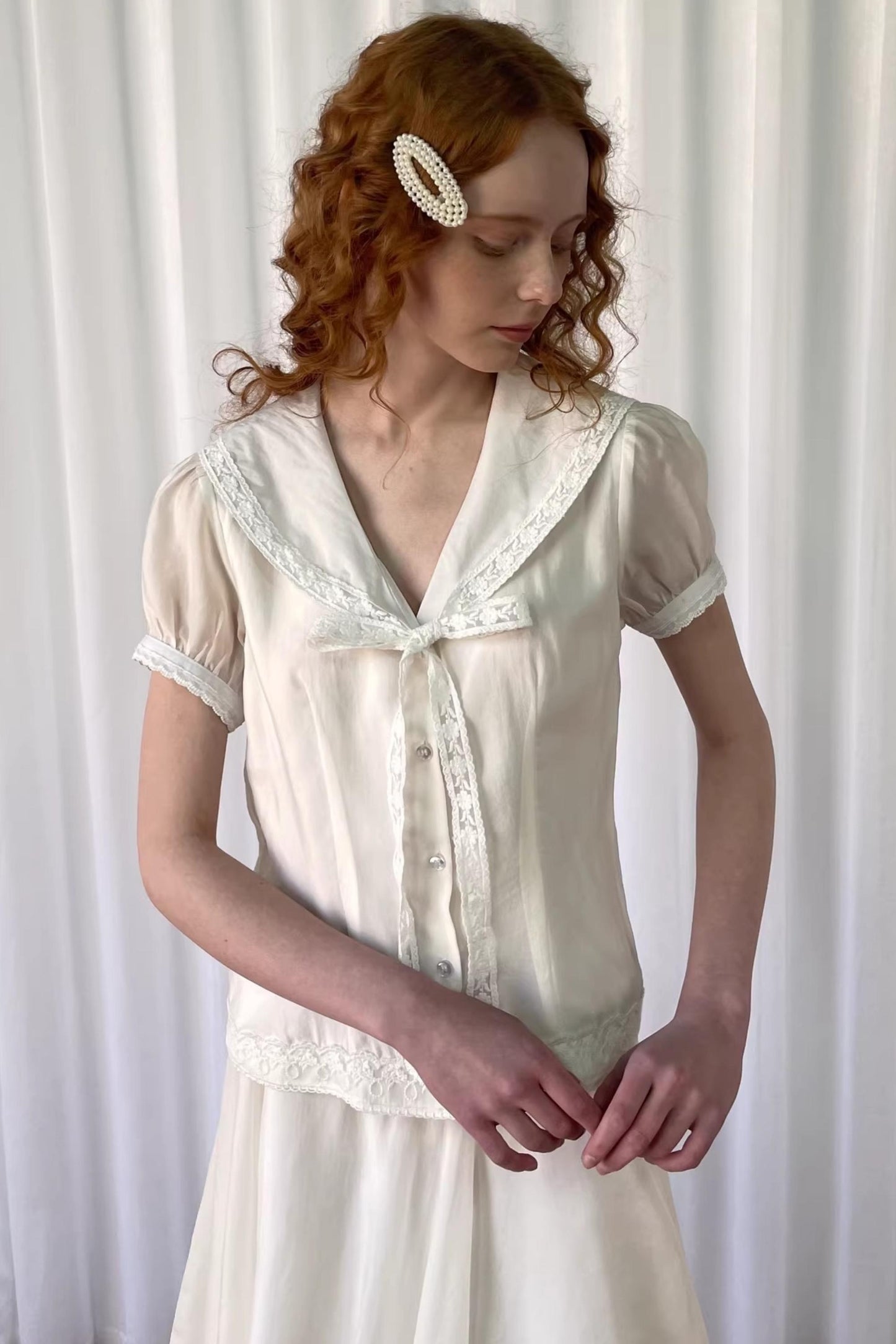 Navy Collar Lace Blouse
