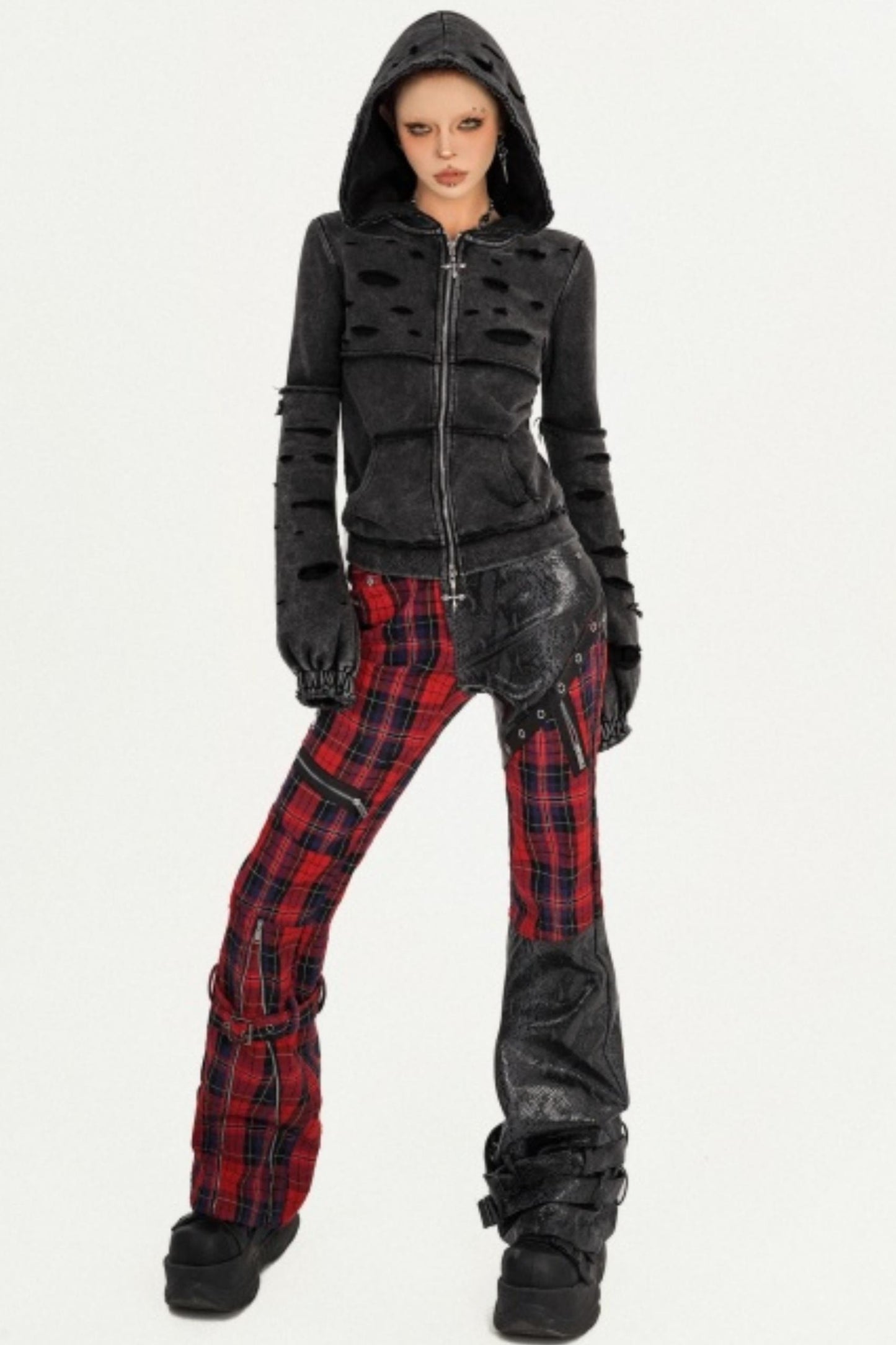 Plaid Patchwork Leather Pants