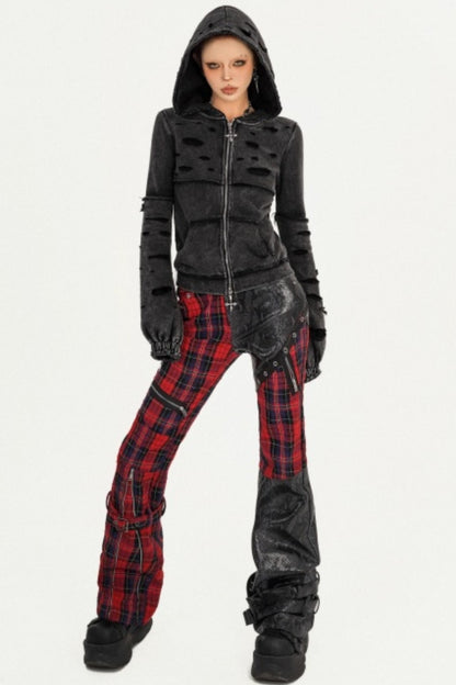 Plaid Patchwork Leather Pants