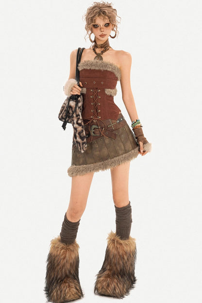 Furry Patchwork Leather Skirt Set-Up