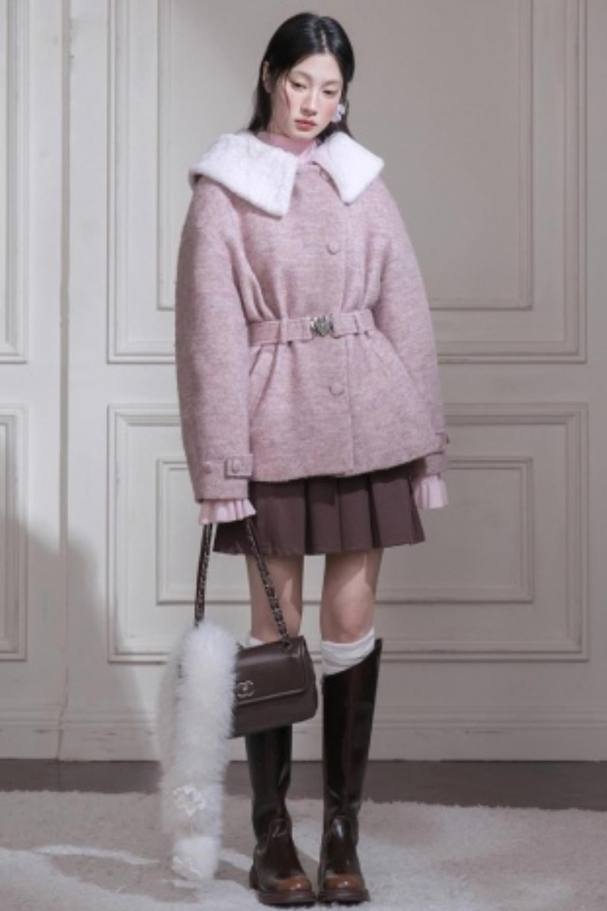 Cream Pink Quilted Woolen Coat
