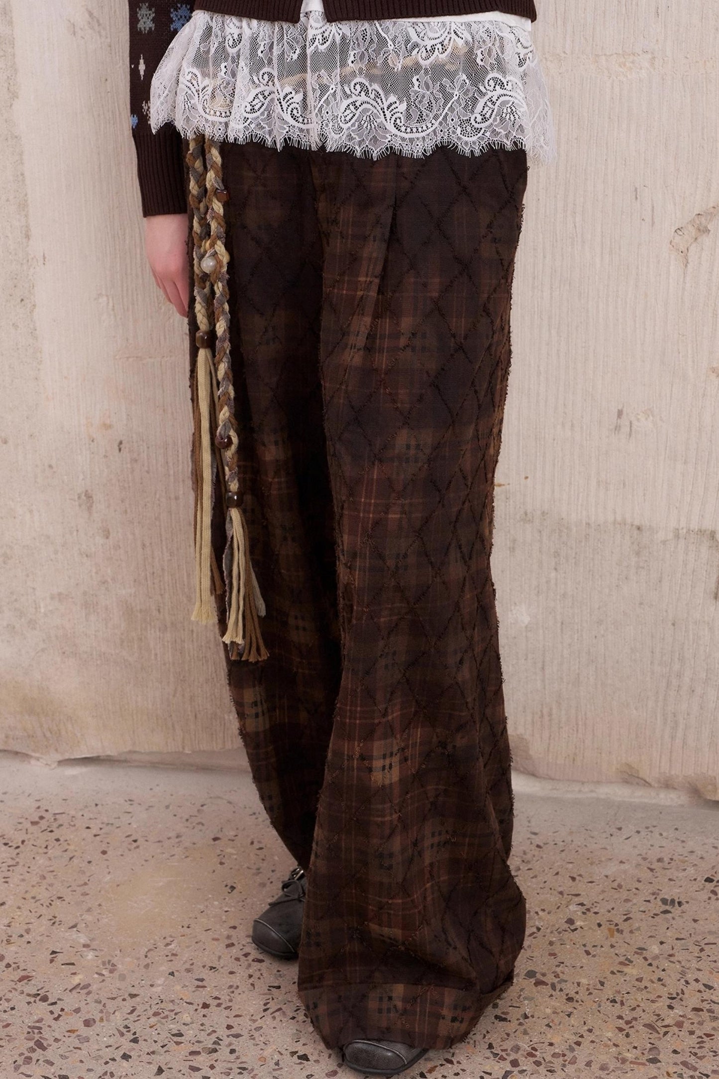 Textured Loose Plaid Trousers