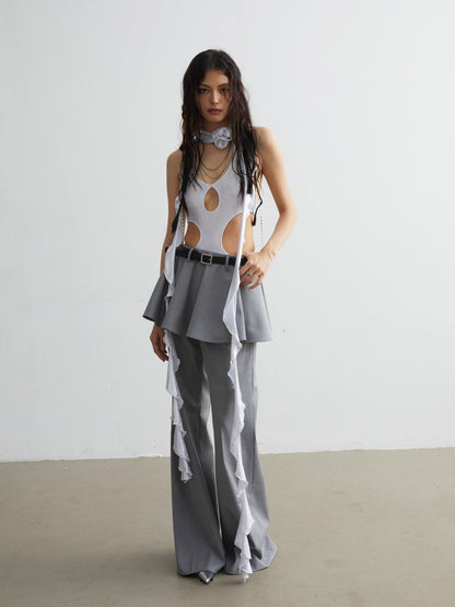 Metallic Silver Hollow Stretch Bodysuit Vest