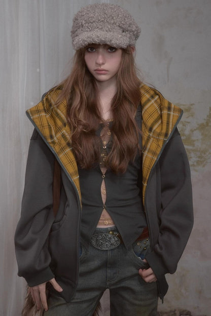 Sweet Lazy Plaid Sweatshirt Jacket