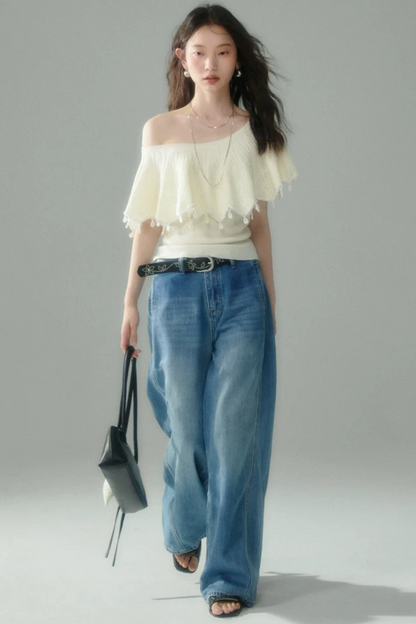 Off-Shoulder Ruffled Knit Top