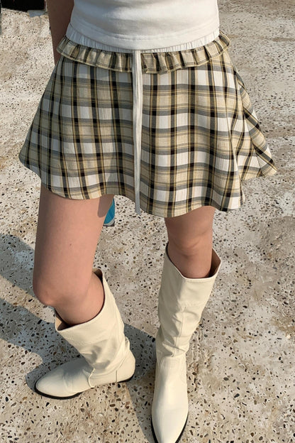 Yellow Checked Ruffled A-Line Skirt