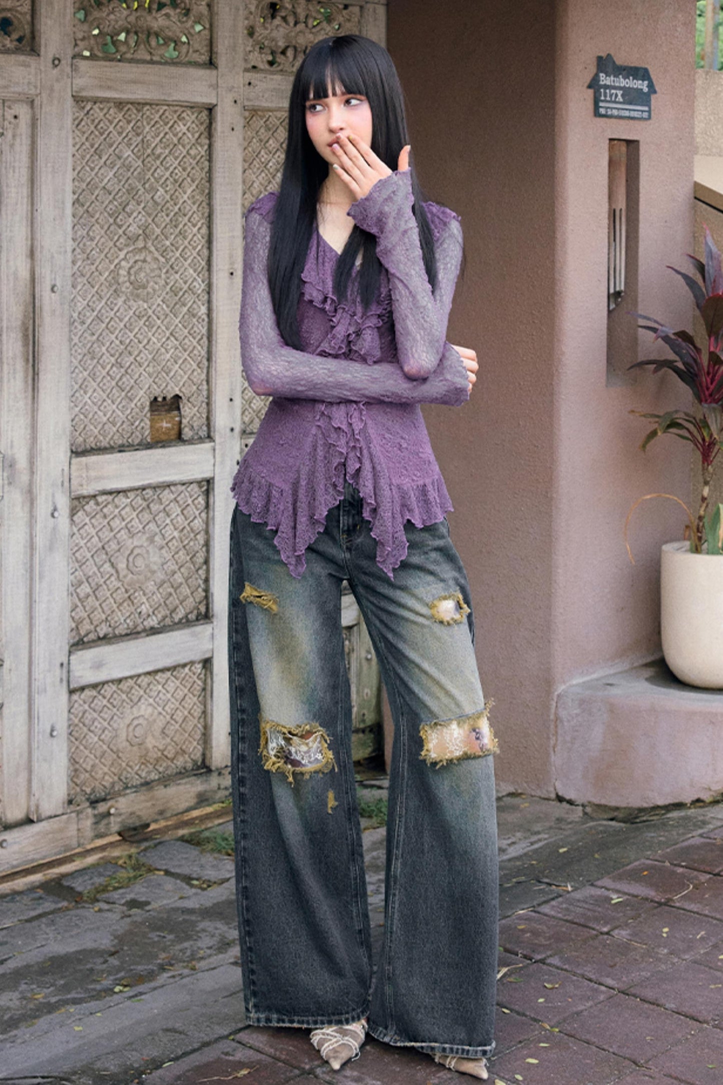 Retro Lace Detail Denim Jeans