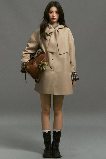 Vintage Bow Plaid Trench Coat