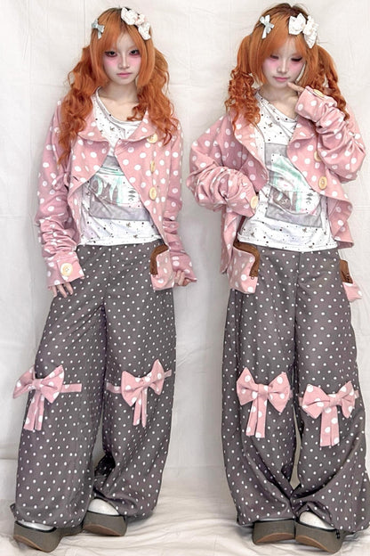 Childlike Wooden Polka Dot Pleated Long Sleeve Jacket