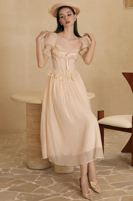 French Champagne Lace Corset Dress Set