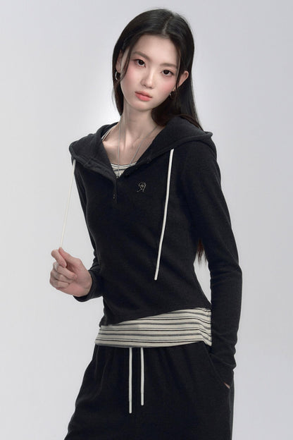 V-Neck Fake Layered Casual Hoodie Set-Up