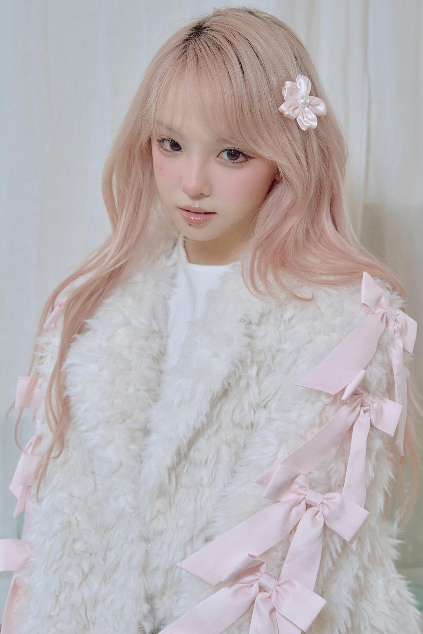 White Satin Bow Lamb Fur Coat