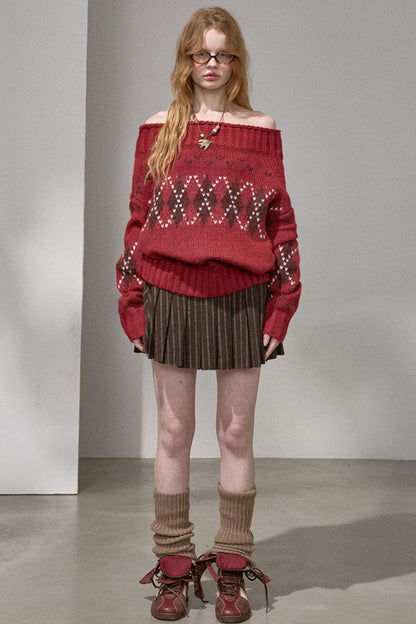 Thick Knit Argyle Off-Shoulder Top