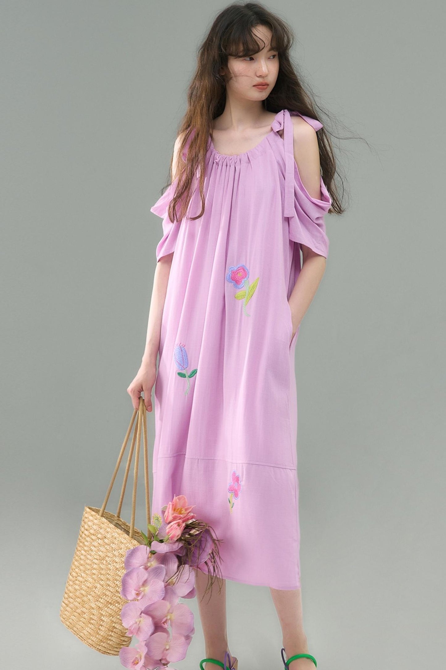 Sweet Peach Nectar Linen Embroidery Dress