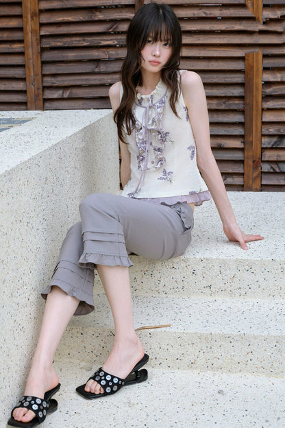 Purple Embroidered Pleated Ruffle Lace Sleeveless Top
