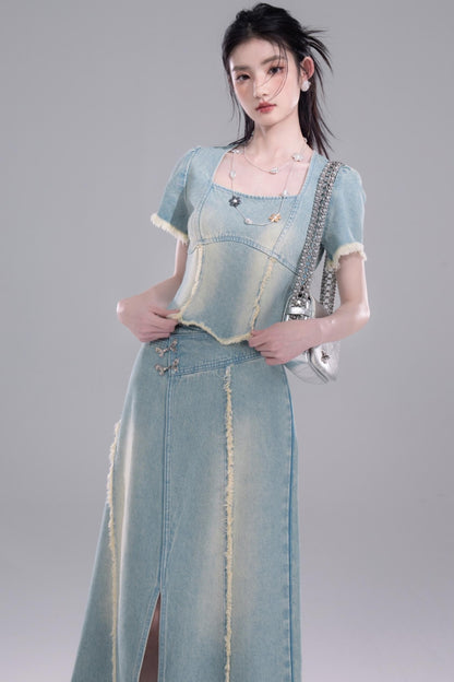 Cold Slit Blue Skirt Set-Up