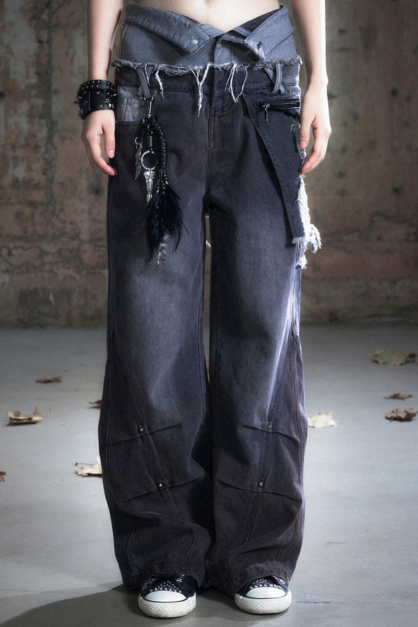 Double-Waist Patchwork Wide-Leg Pants