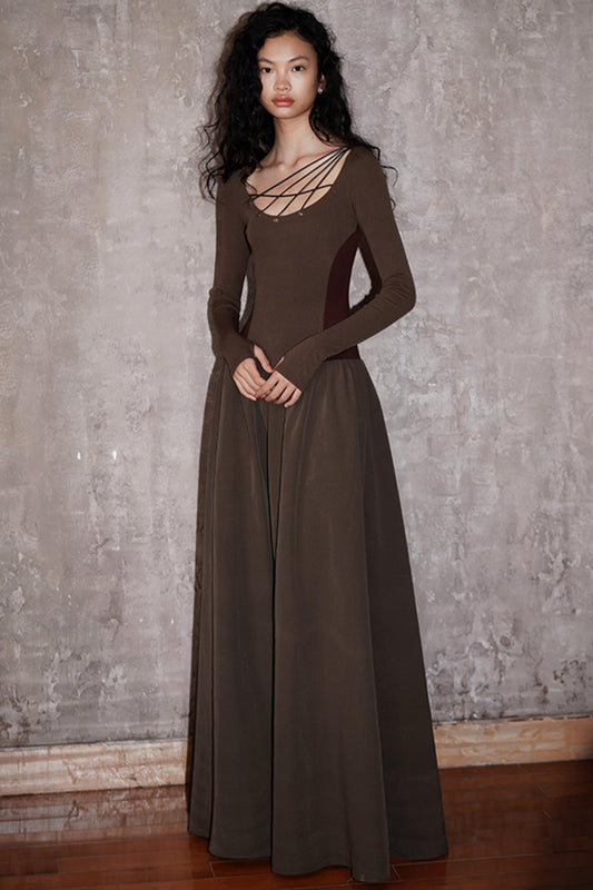 Solid Panel Cut-Out Slim Maxi Dress