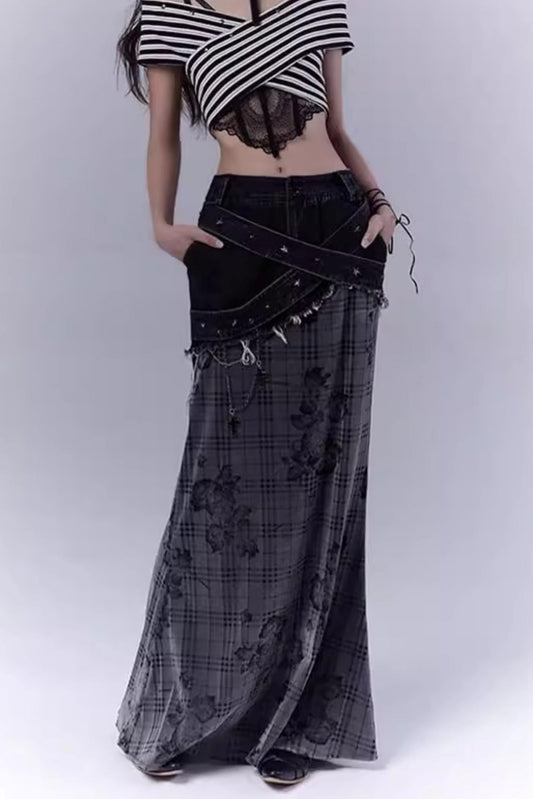 Rose Checkered Denim Skirt