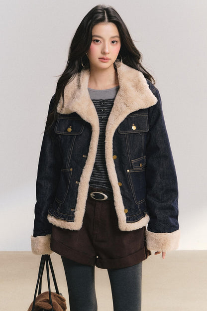 Denim Lace Trim Fur Coat