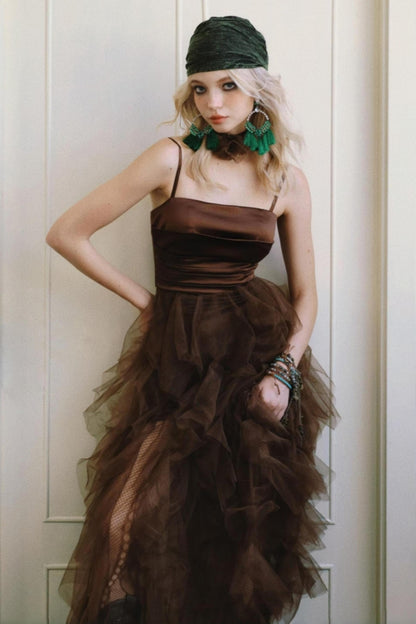 Chocolate Satin Halter Dress