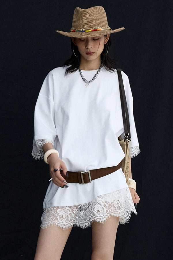 Patchwork Lace Crew Neck Long Top