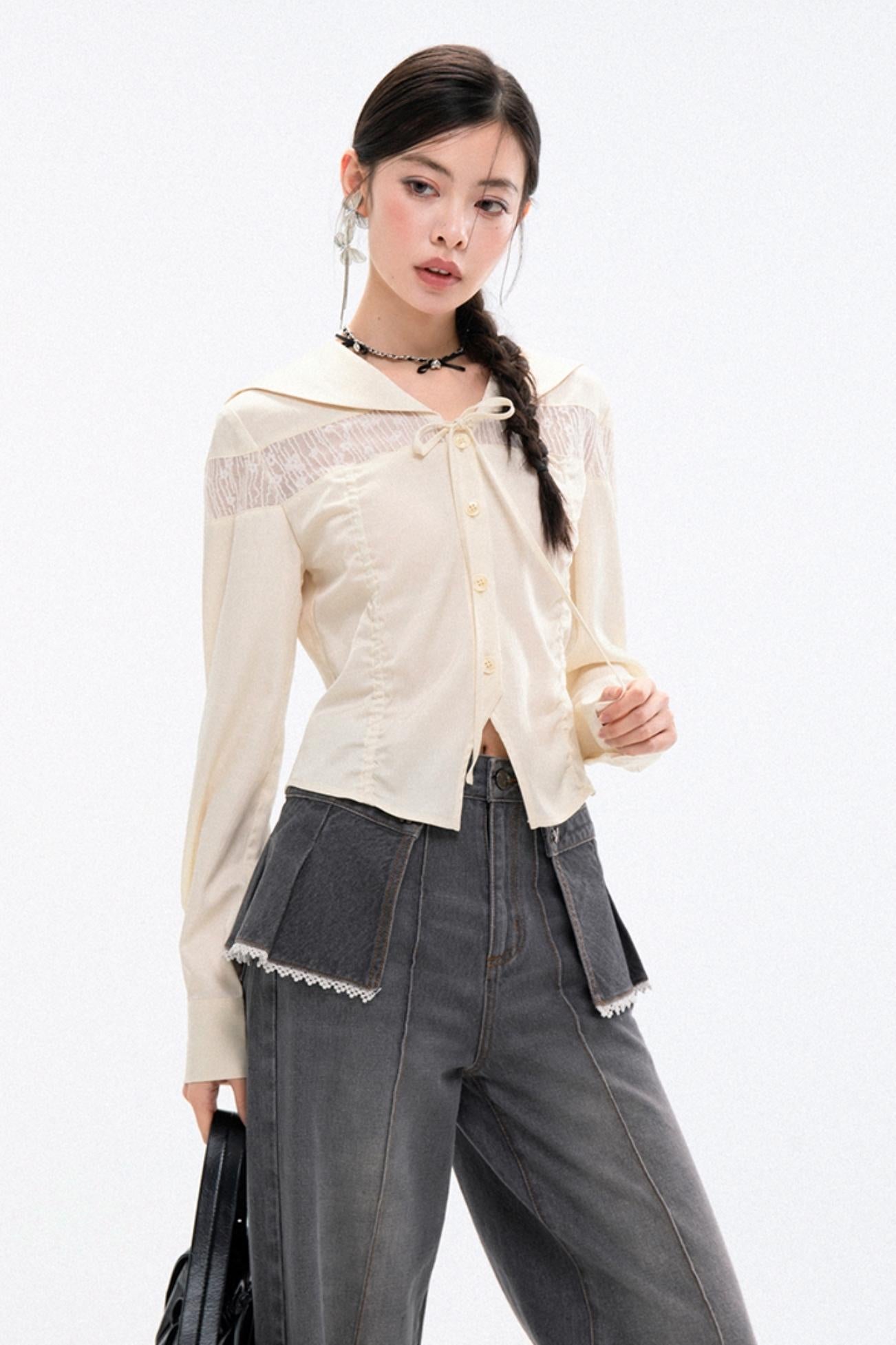 Apricot Yellow Lace Panelled Shirt