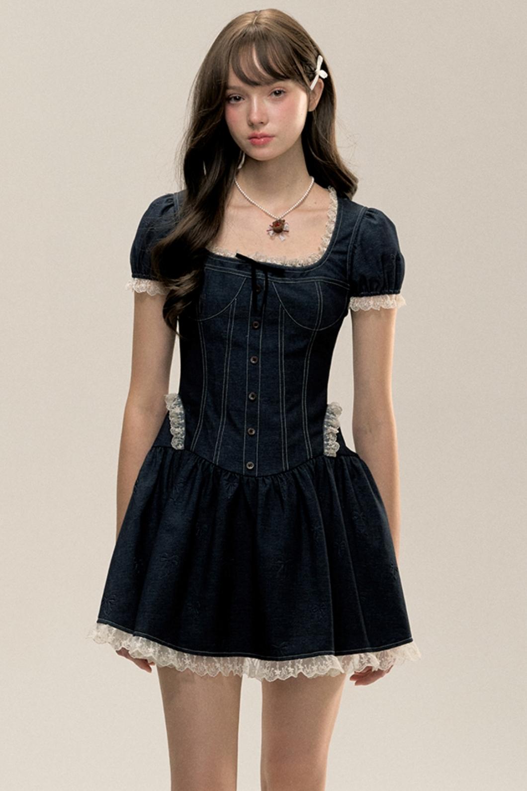 Denim Topstitch Square-Neck Pleated Dress