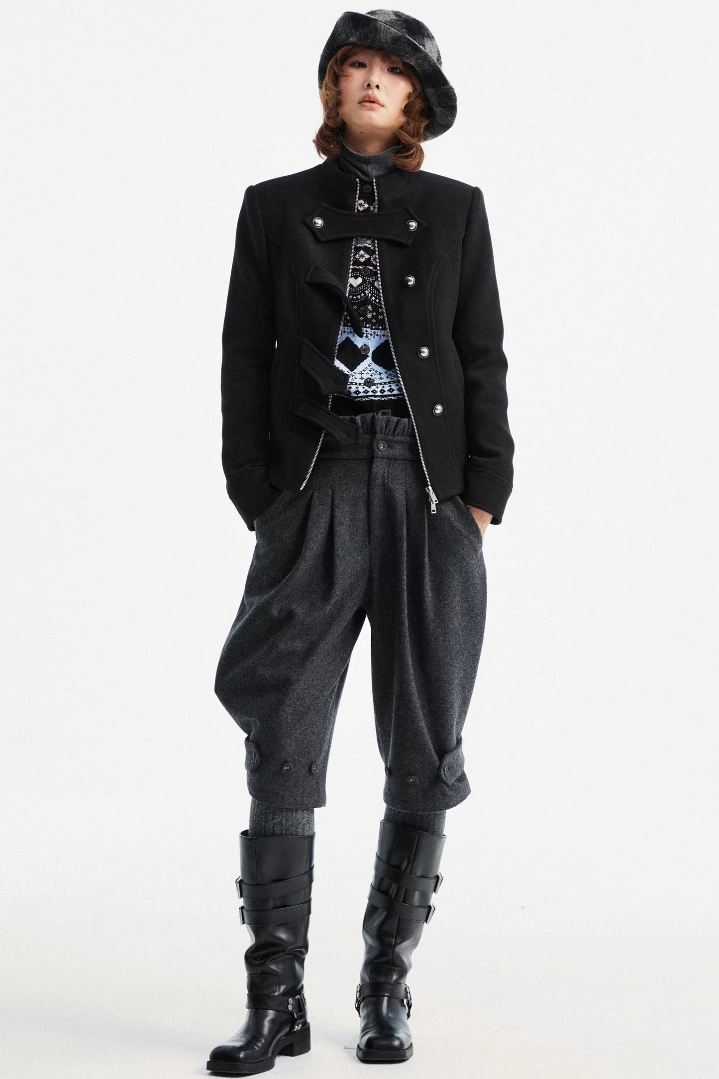 Gray Woolen Lace-Trim Pants