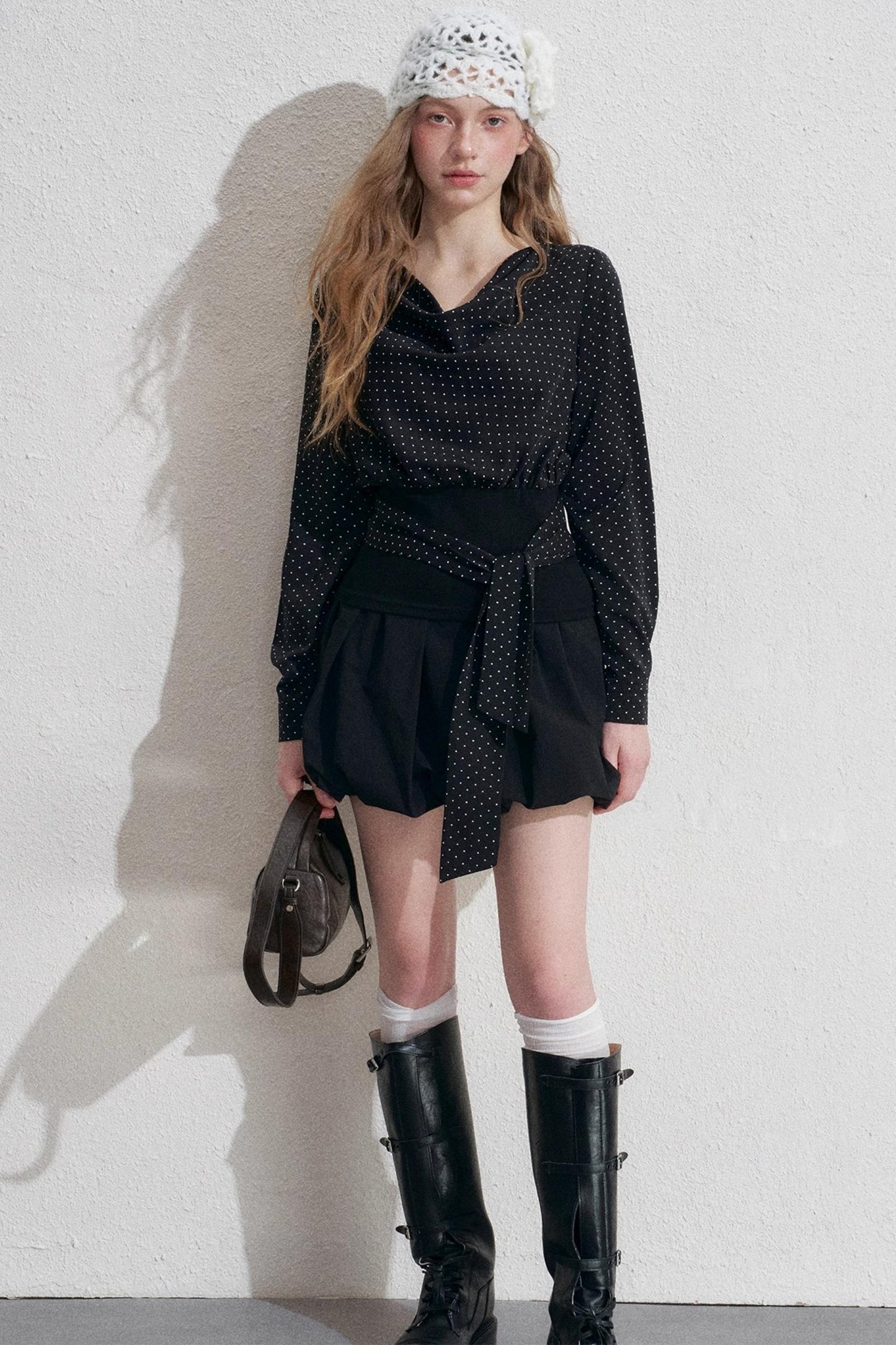 Polka Dot Swing Collar Black Shirt