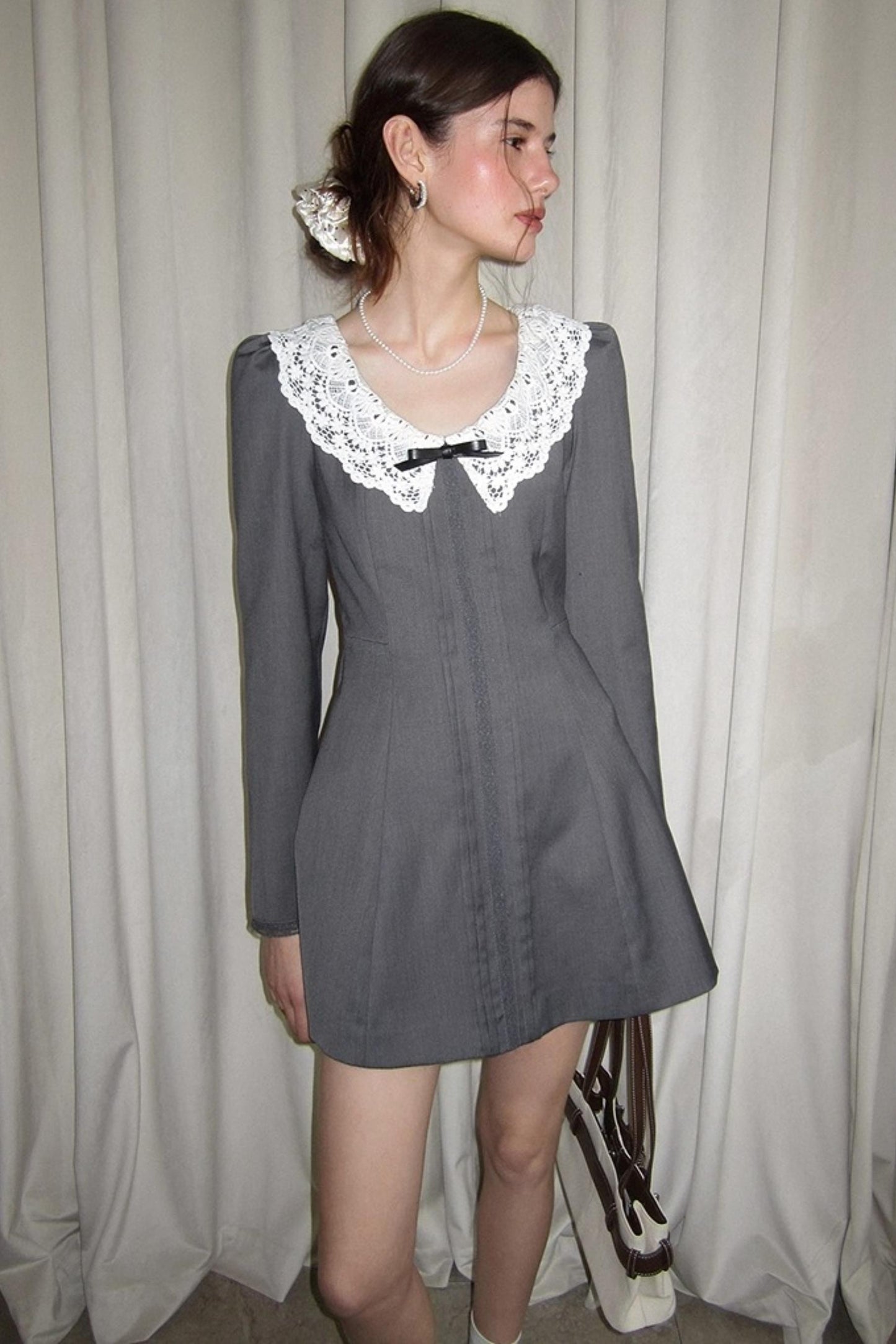 Grey Lace Bow Doll Dress