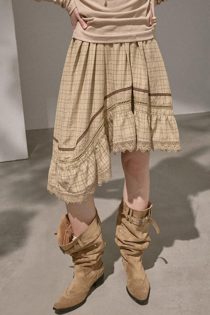 Wave Stitching Plaid Midi Skirt