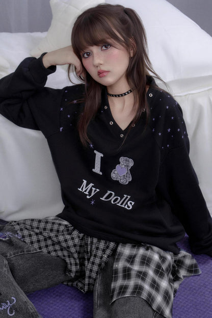 V-Neck Star Plaid Bear Sweatshirt