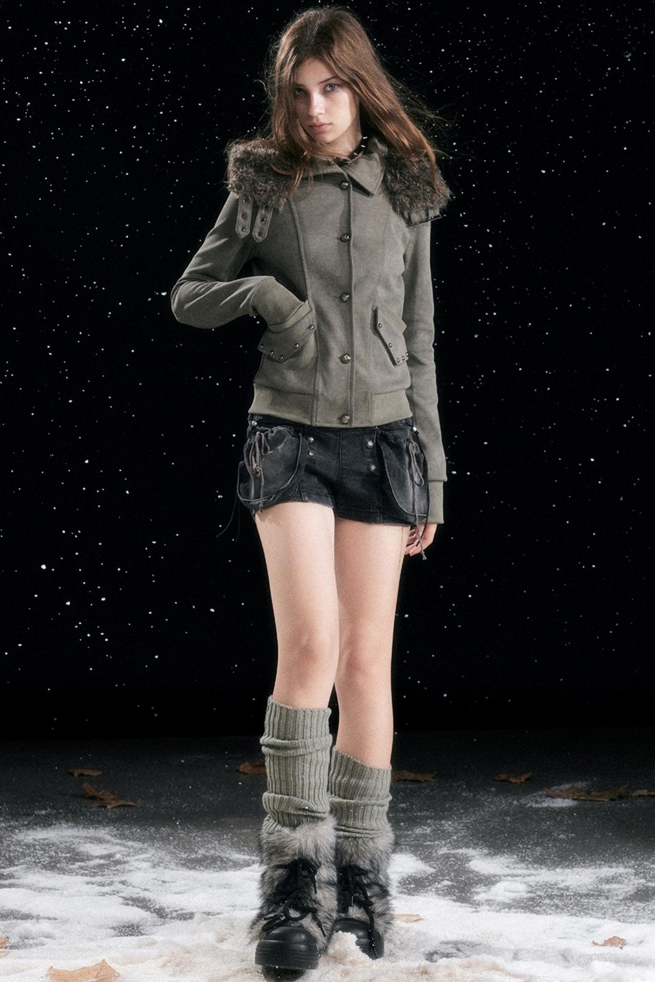 Aged Vintage Detachable Fur Hooded Coat