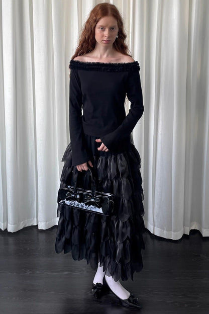 Petal Black Mesh Midi Skirt