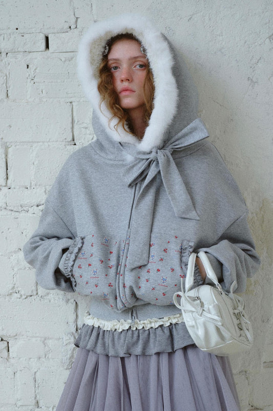 Fur Collar Hooded Cardigan Sweatshirt