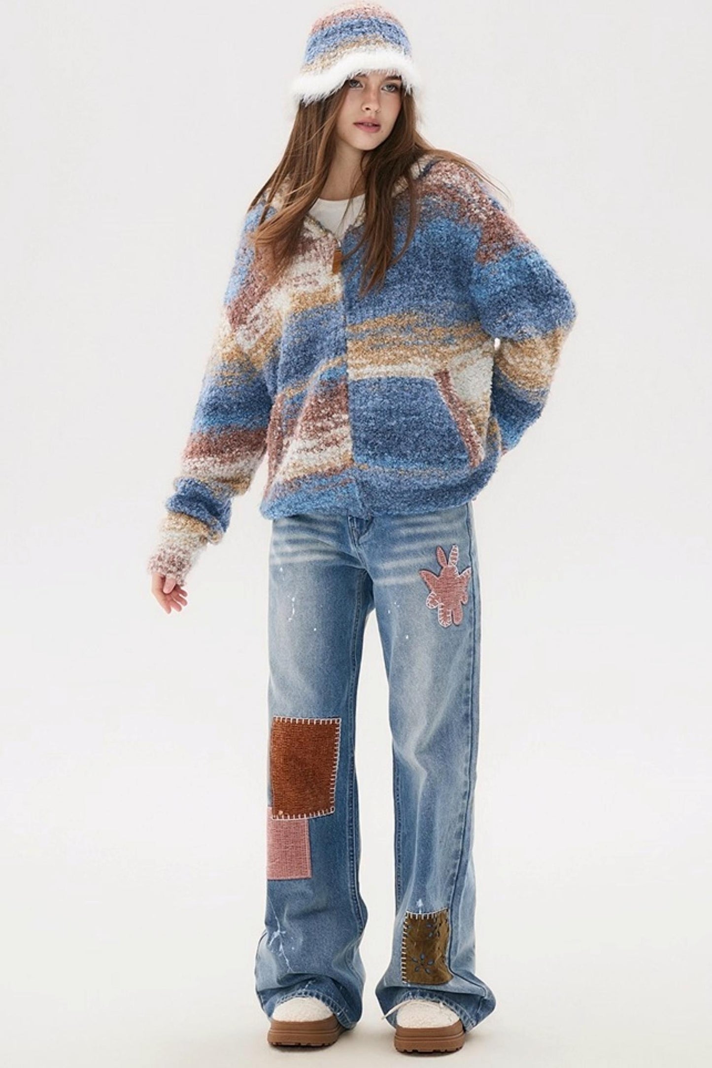 Blue Gradient Hooded Wool Cardigan