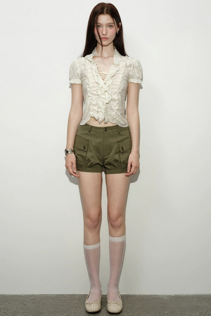 Beige Chest-Tie Ruffle V-Neck Blouse