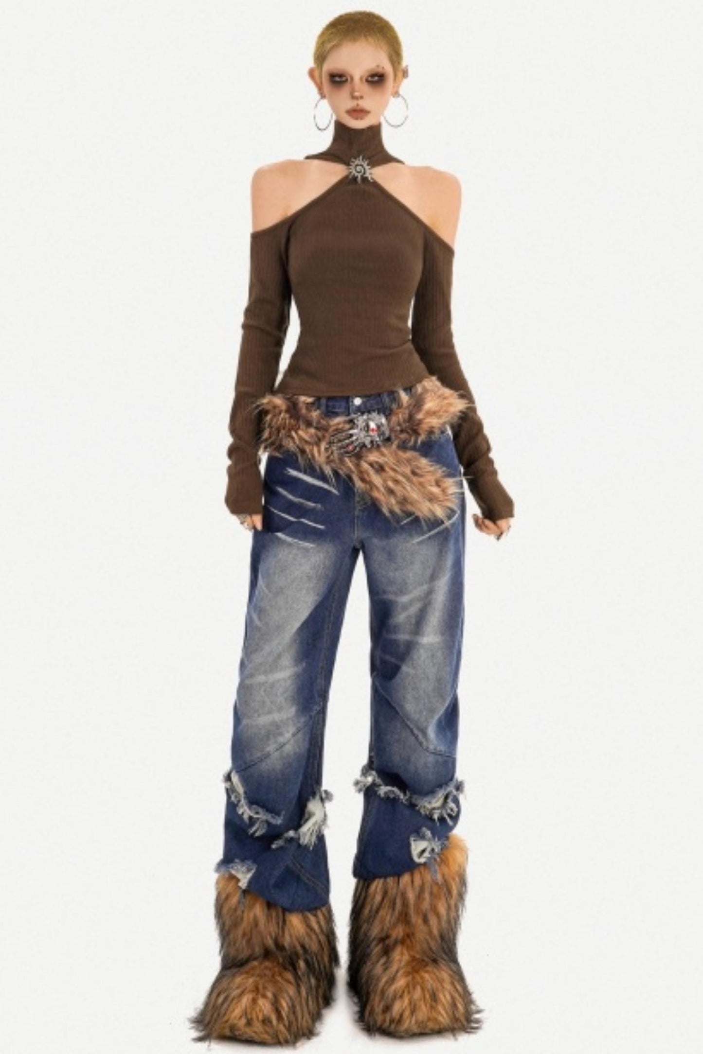 Retro Distressed Wide-Leg Jeans