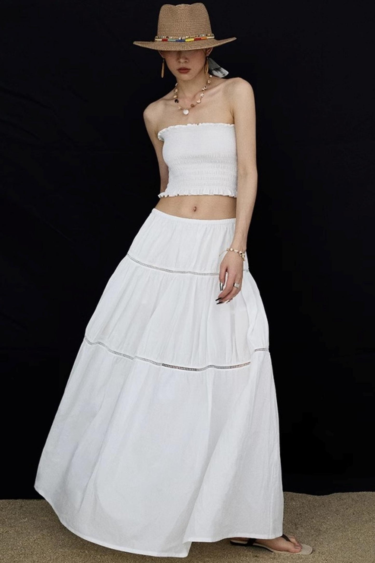 Elasticated White Long Skirt